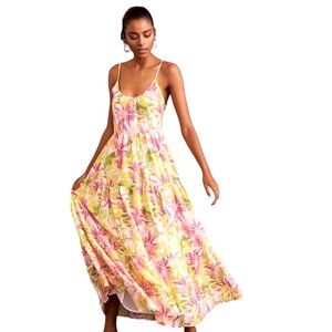 New ROLLER RABBIT Yellow Pink Tropical Print Tiered Maxi Spaghetti Strap Dress